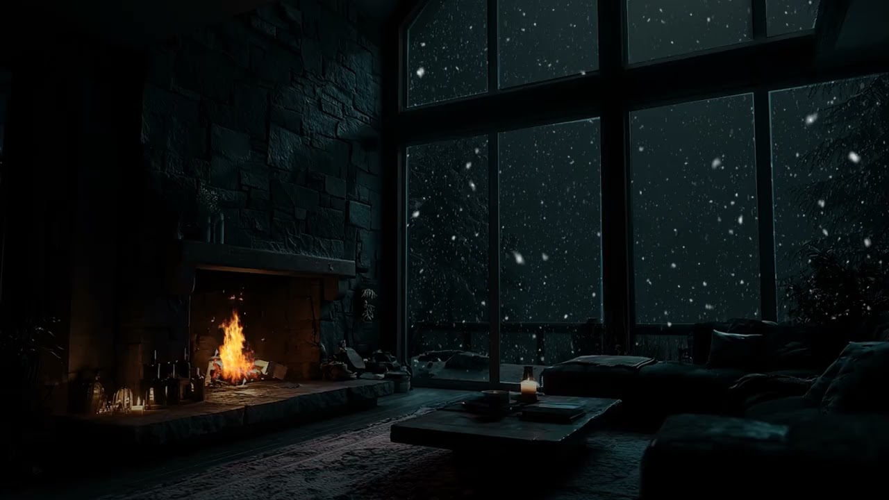 Winter Serenity ❄️ Warm Fireplace and Snowy Scenery Outside Create the Perfect Relaxing Space