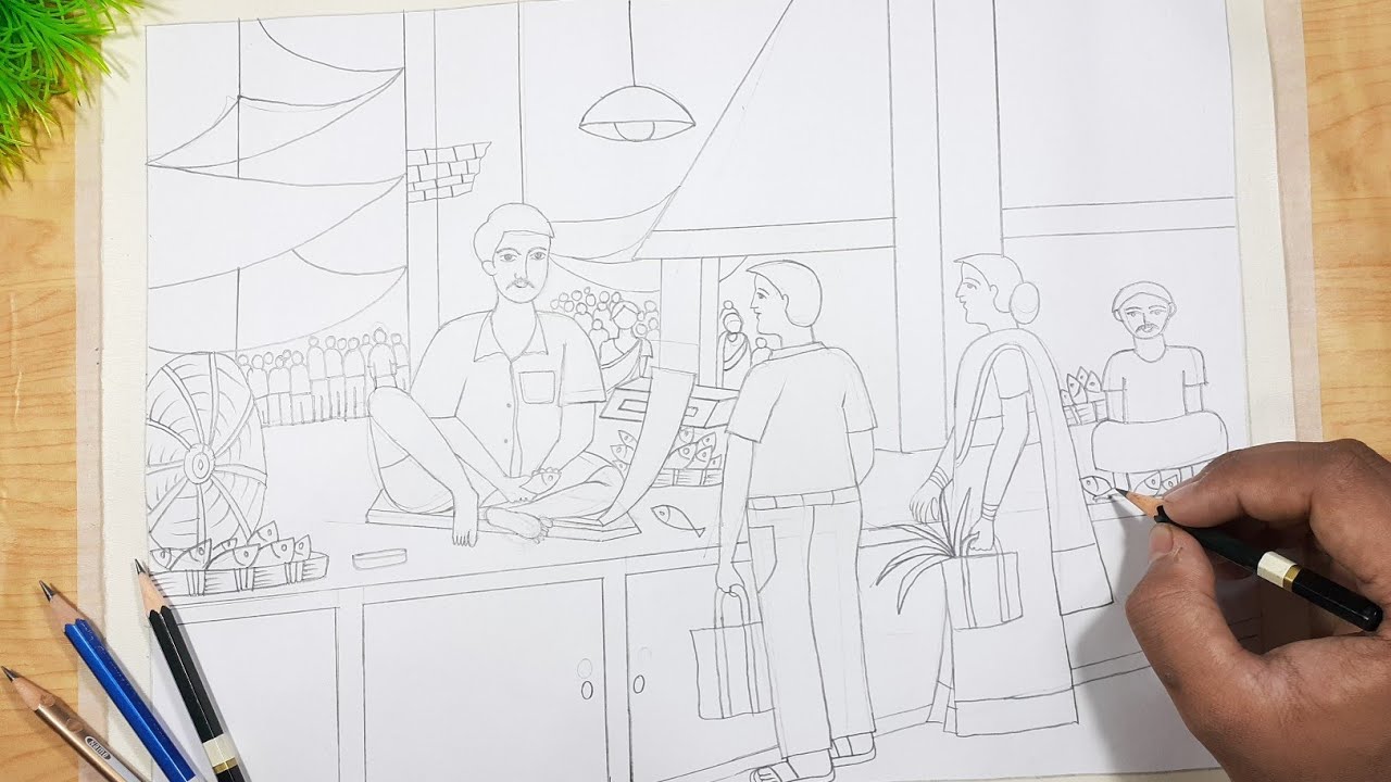 How to draw a fish market // step by step fish market drawing // pencil drawing. Avi Art and Craft.