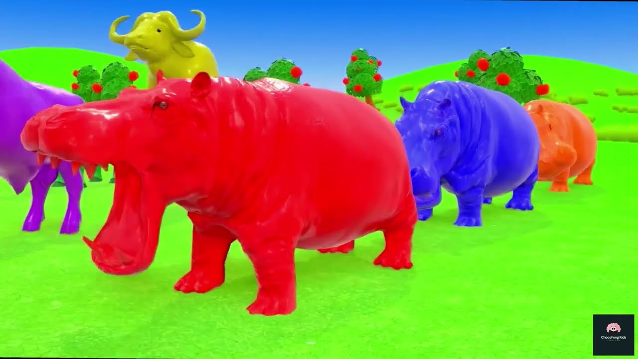 Long Slide Game with Elephant, Gorilla, Buffalo, Hippo & Tiger | Funny 3D Animal Game