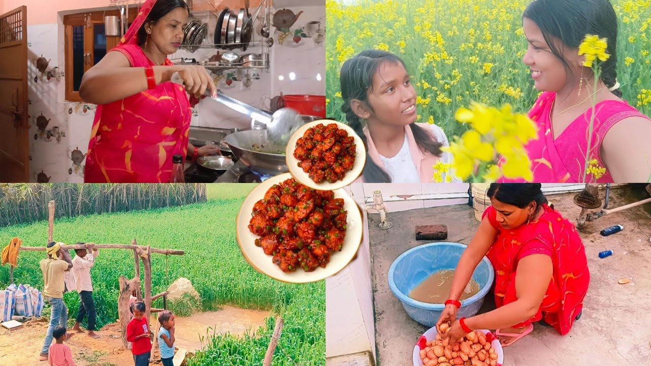 🙋 Village Life Routine 🌺 खेत का काम, घर का काम और शाम को सब की मनपसंद पत्ता गोभी मंचूरियन