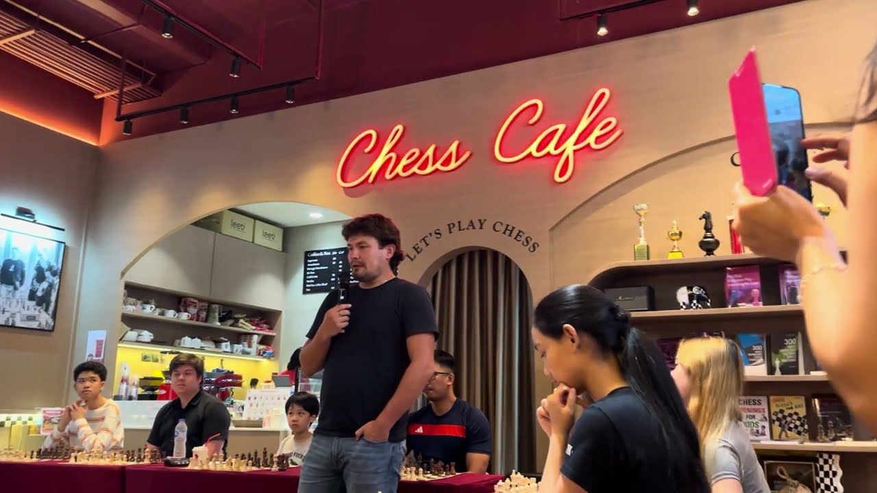 Chess GM Evgeny Romanov at Red Knight Chess Cafe in Thailand