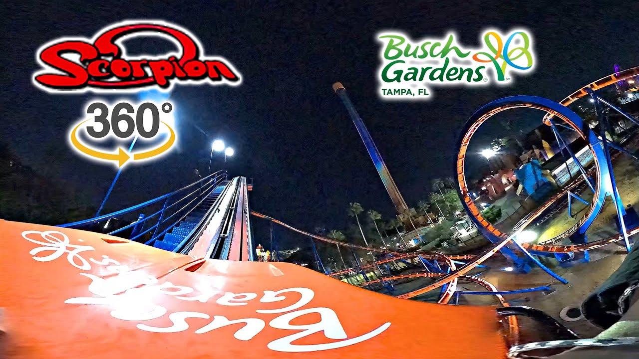 VR 360 Scorpion Roller Coaster at Night Front and Back Seat POV Busch Gardens Tampa 2023 01 21