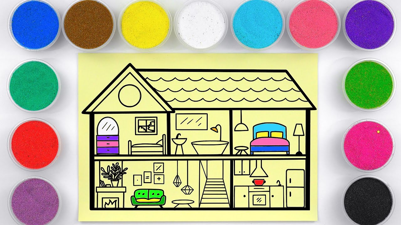 Sand painting and coloring miniature house with color sand