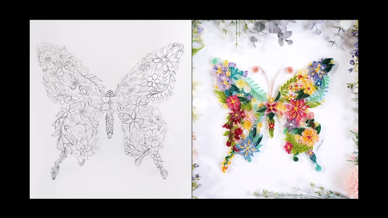 Drawing Floral Butterfly . 花と蝶ドローイング, 나비모양 꽃 드로잉
