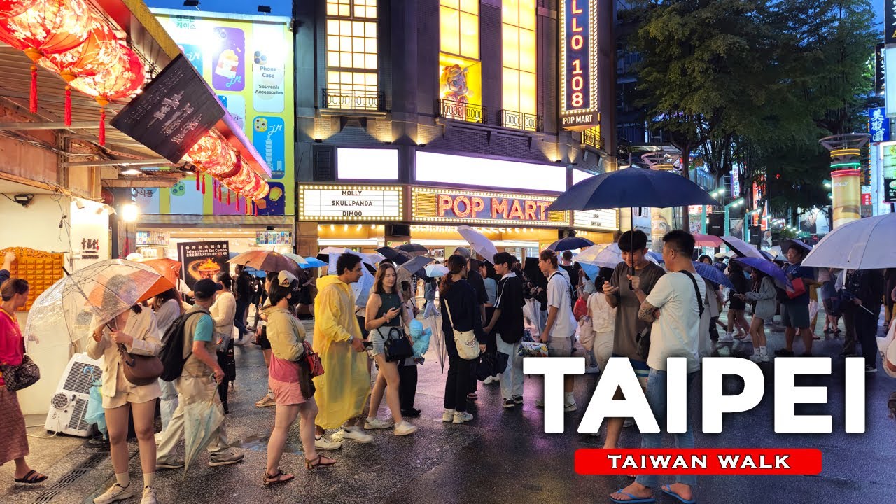 Тайбэй 🇹🇼 Пешеходная экскурсия в формате 4K — Ночная прогулка по Симендингу в дождливую погоду