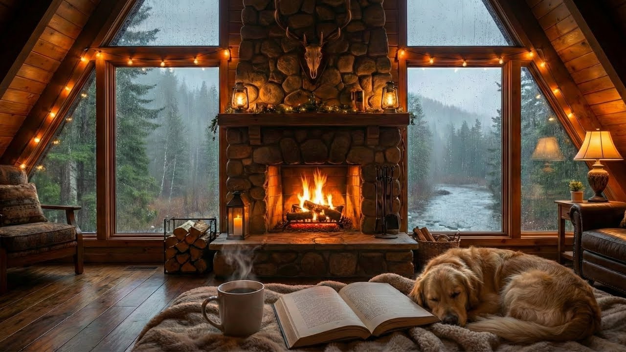 Cozy Rainy Cabin Ambience 🌧️🔥 Crackling Fire, Flowing River, Sleeping Dog, ASMR  (No Music)
