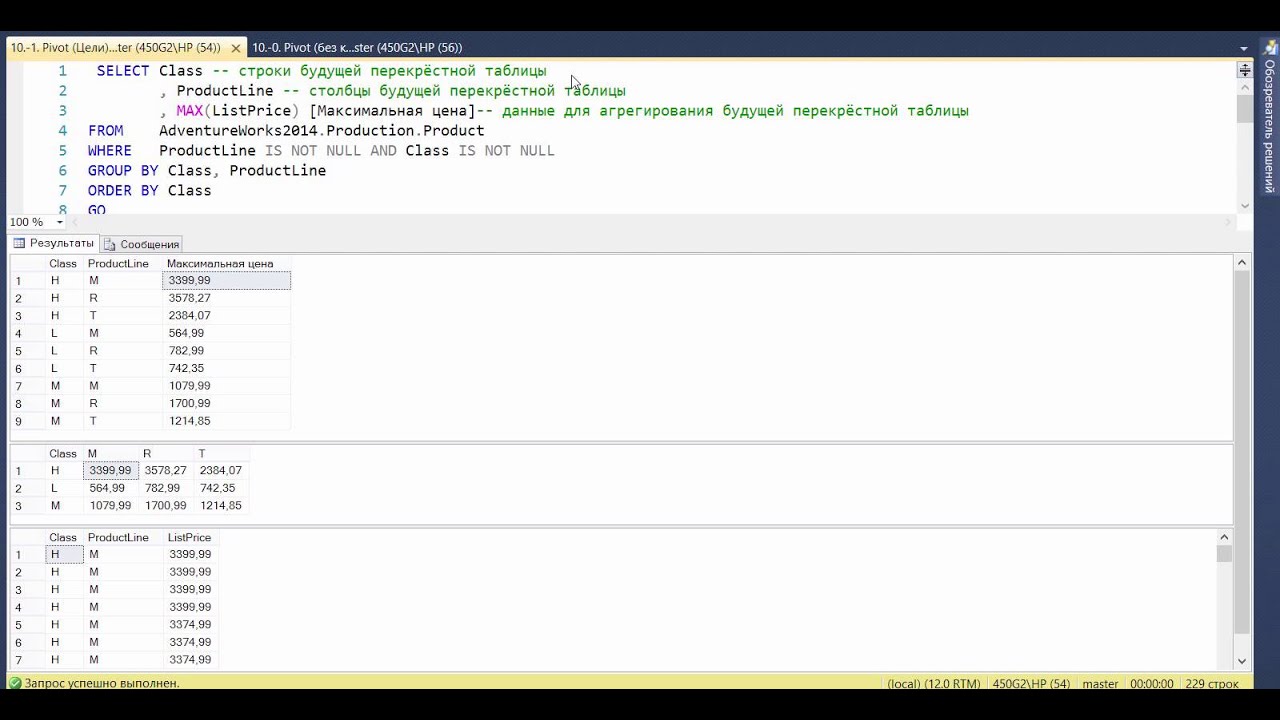 MS SQL Server.  Работа с несколькими таблицами.  10.  Оператор Pivot