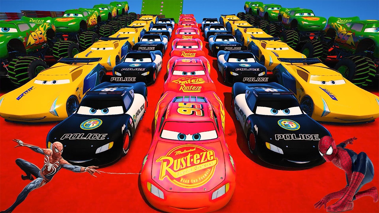 GTA 5 SPIDERMAN Cars Challenge Lightning & Monster McQueen Jackson Storm Miss Fritter & Friends Cars