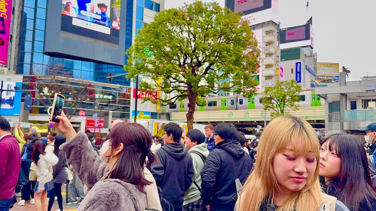 4K HDR Winter walking tour around Shibuya city in the cloudy weather. Tokyo, Japan. 