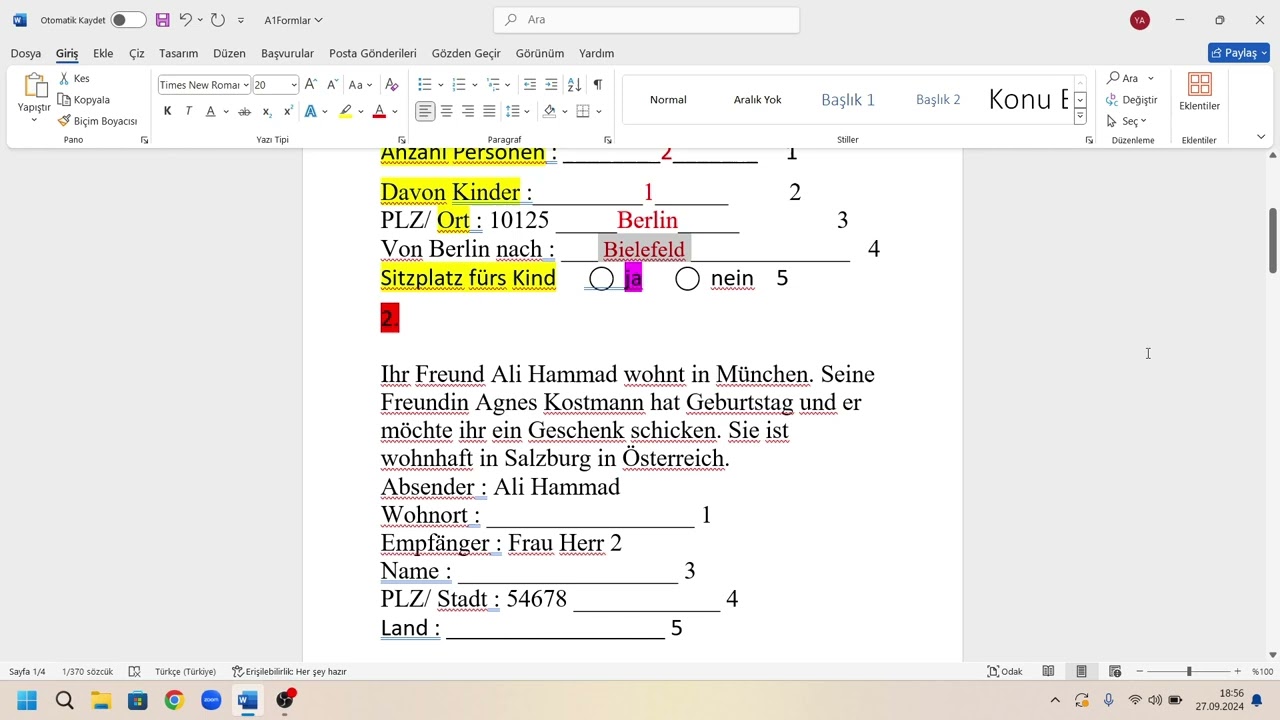 Almanca A1 Sınavı Form Örneği 4