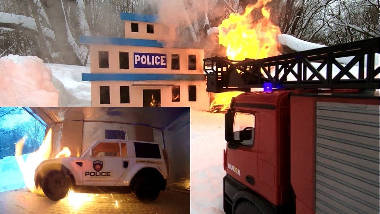 Electric car caught fire. Fire at the Cardboard City police Station