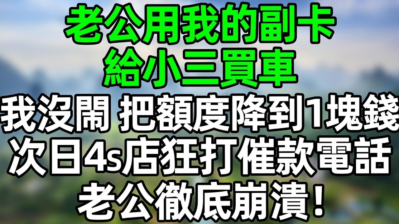 老公用我的副卡給小三買車，我沒閙 把額度降到1塊錢，次日4S店狂打催款電話，老公徹底崩潰#深夜淺讀 #夜讀人生 #大橘講故事  #情感故事  #講故事  #幸福生活 #深夜故事