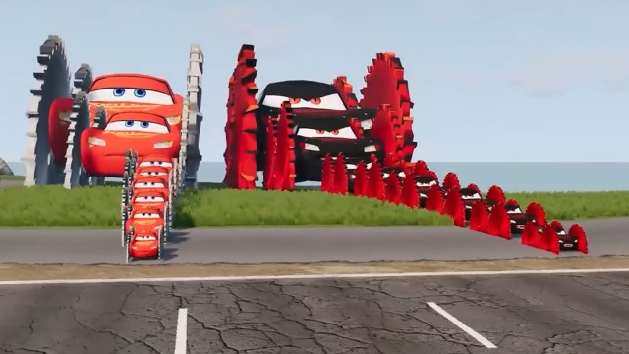 BeamNg.Drive Pixar Cars Lightning McQueen & Devil McQueen With Sawwheels VS Down Of Death