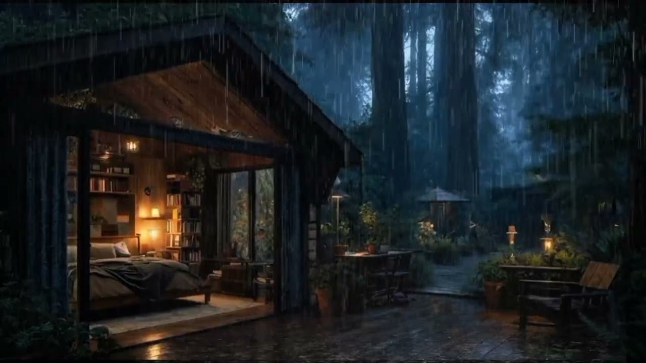 ASMR Cabin in the Woods at Night 🌲 Rain & Flowing River for Relax & Sleep