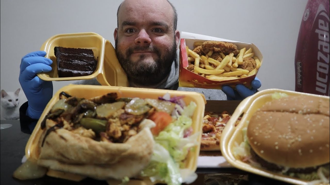 Pizza Chicken kebab chicken wings burger and dessert UK mukbang