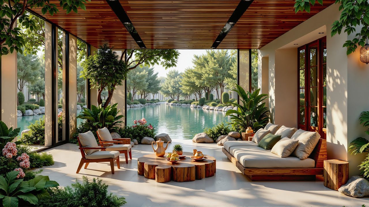 Tranquil Lakeside Outdoor Jazz 🌿 Cozy Open Café Ambience & Soft Jazz for Work, Study and Relaxation