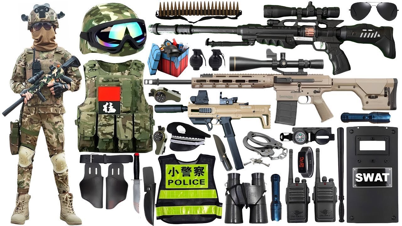 Unpacking special forces weapon toys, MP5 submachine gun, M4 assault rifle, Barrett sniper rifle