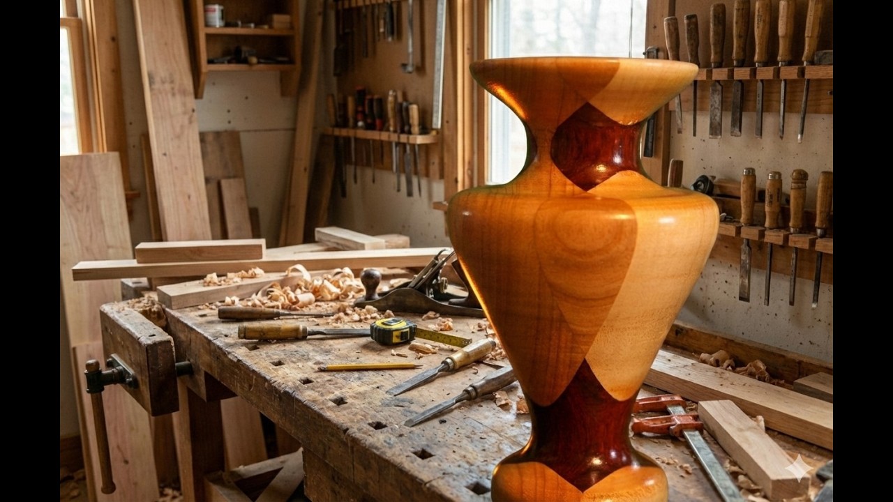 Woodturning  - a Brilliant Vase from Cherry Mahogany and Maple