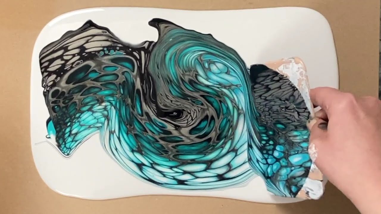Soft organic transfer swipe, stretching out cells by hand - acrylic painting fluidart pourart