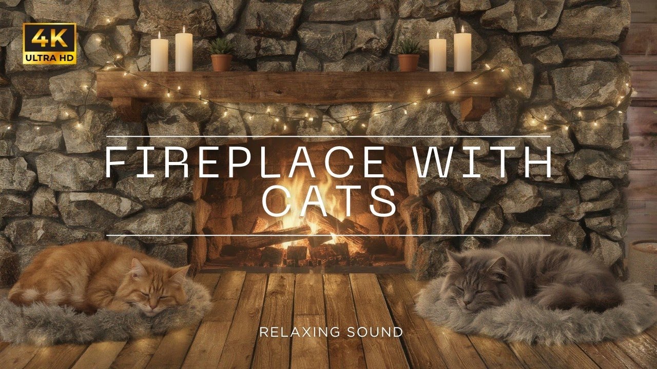 Cozy Fireplace with Sleeping Cats (4K) – Warm Crackling Fire Sounds for Relaxing, Reading & Sleep 🐾