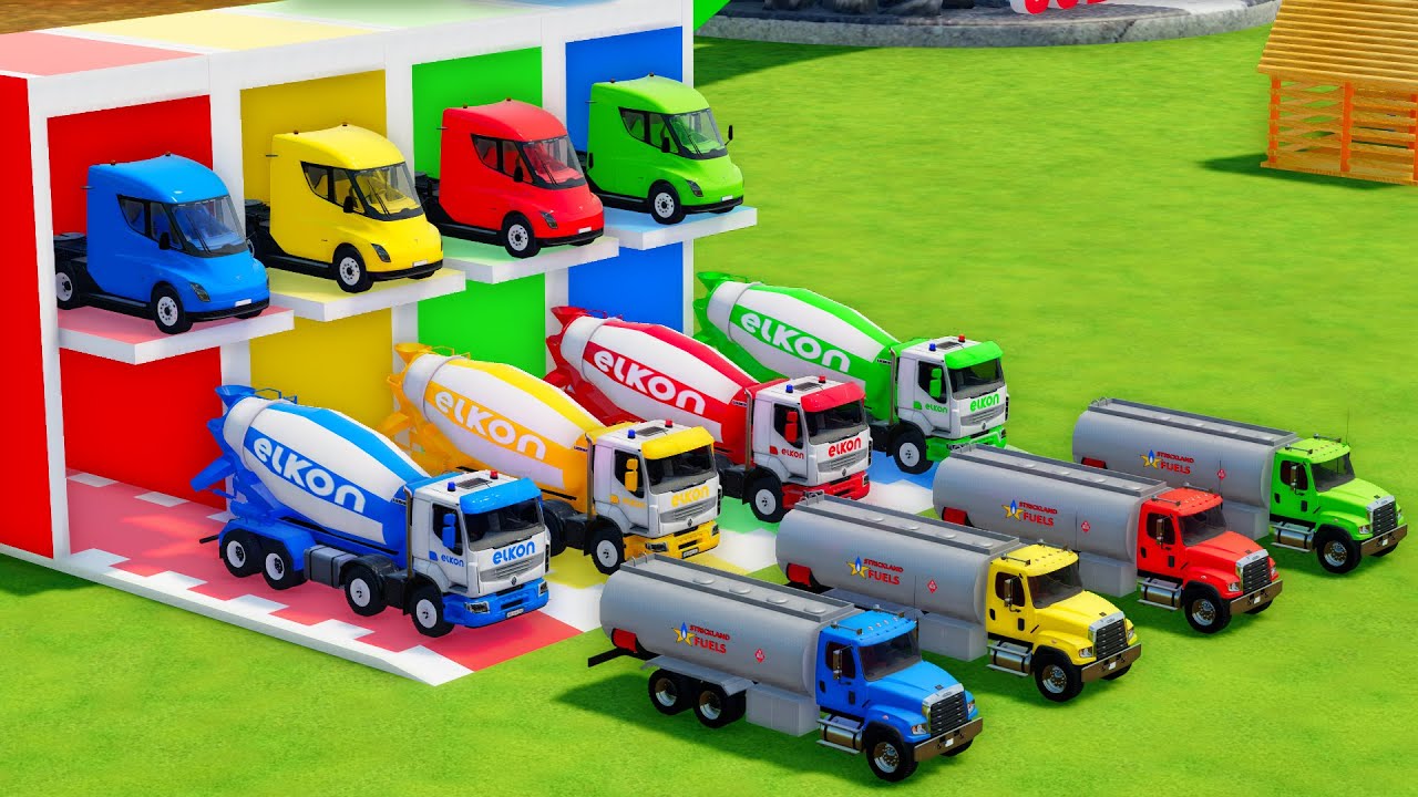 Garage with Colors - ALL MIXER TRUCK WITH DOUBLE FLATBED TRAILER TRUCK, TESLA, RENAULT, FREIGHTLINER