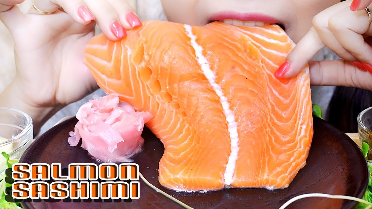 ASMR WHOLE RAW SALMON SLICE (EXTREME SAVAGE EATING SOUNDS) | LINH-ASMR
