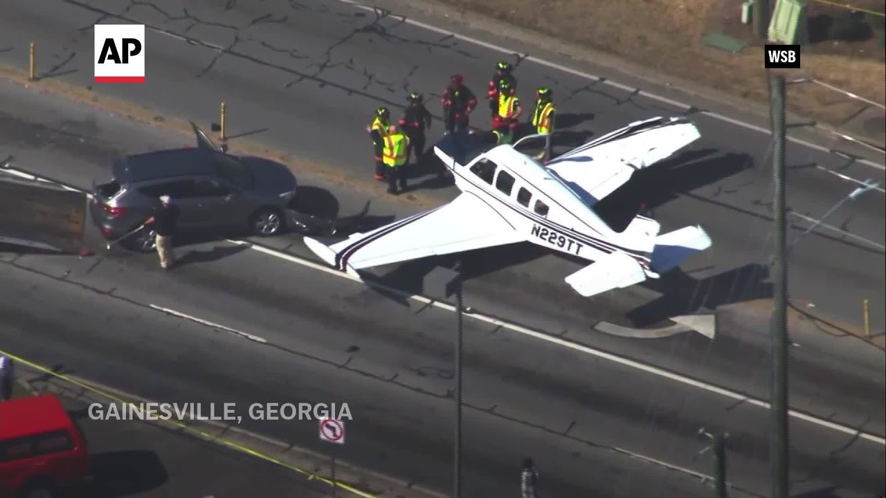 Small plane makes emergency landing on busy Georgia road, hits 3 vehicles