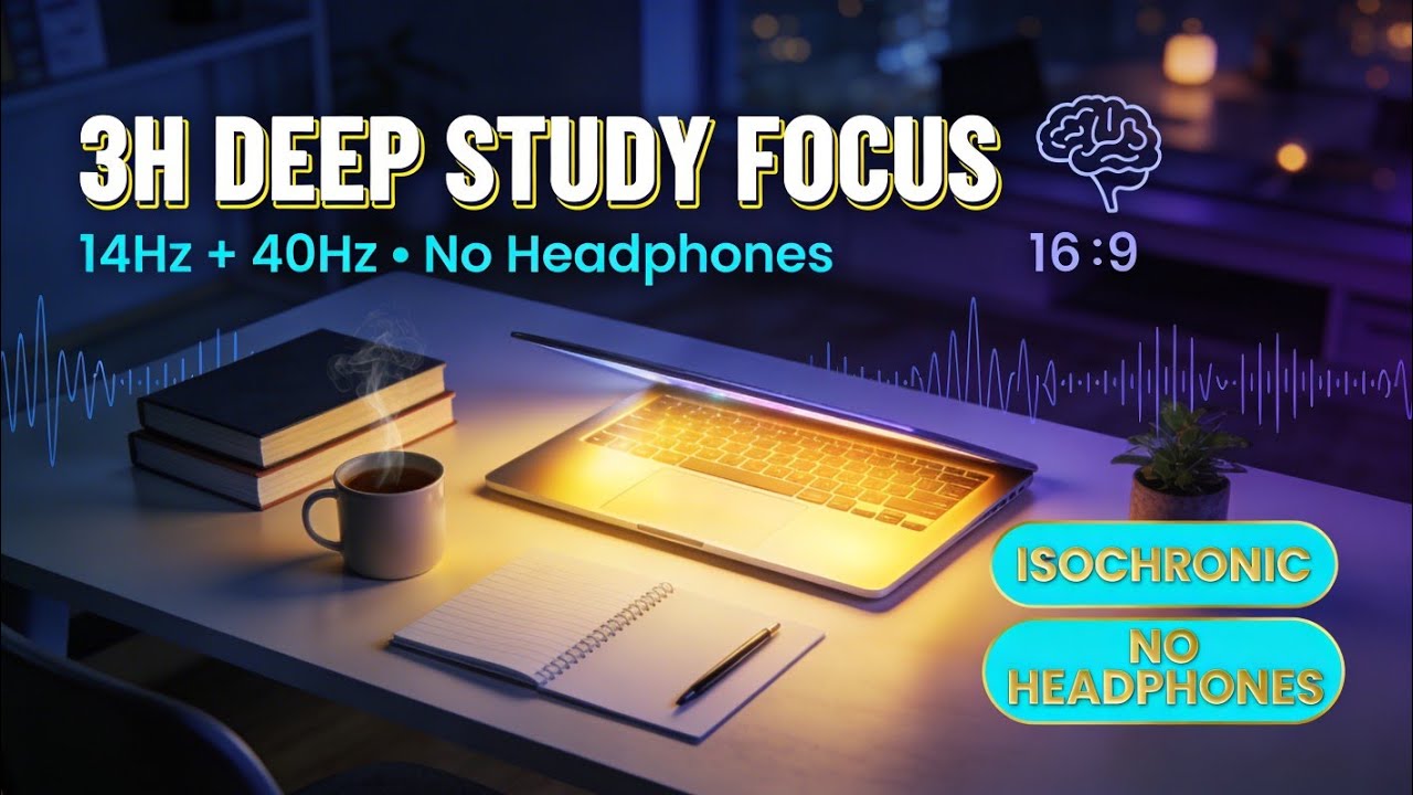 3 Hour Deep Study Focus – 14Hz Beta 40Hz Gamma ISOCHRONIC 432Hz Concentration Music - No Headphones