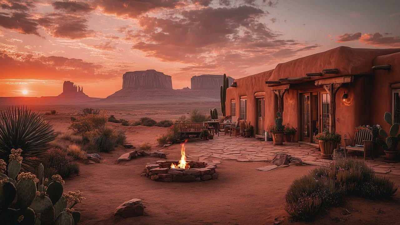 Arizona Desert Sunset Ambience | Adobe House, Fire Pit & Nature Sounds