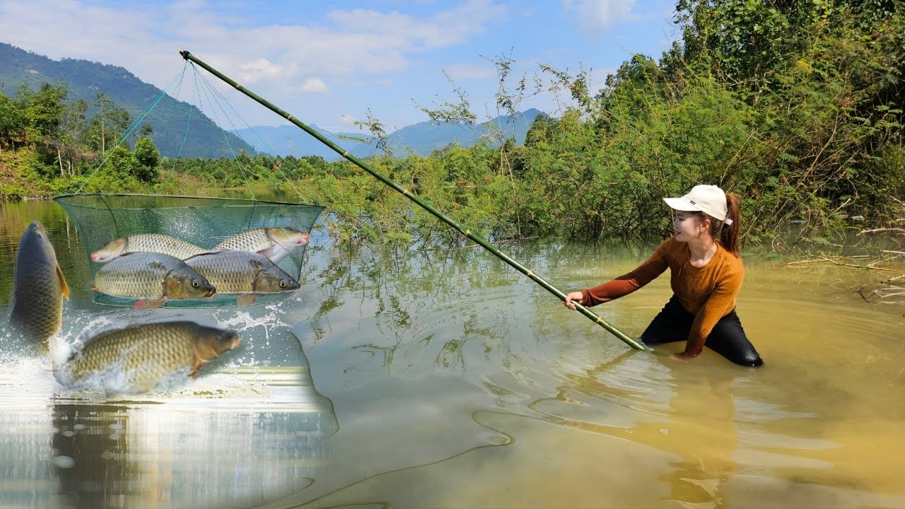 The girl was fishing in the big lake and luckily caught a lot of big carp.