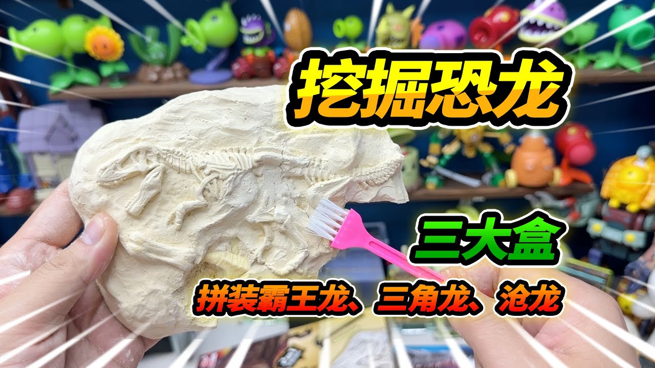 3塊恐龍化石挖掘玩具，霸王龍、三角龍、滄龍，拼裝恐龍骨架