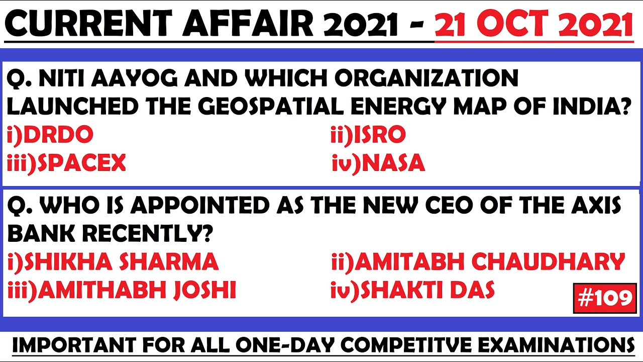 21 Oct 2021 Current Affairs Questions | India & World Current Affairs | Current Affairs 2021 Oct |