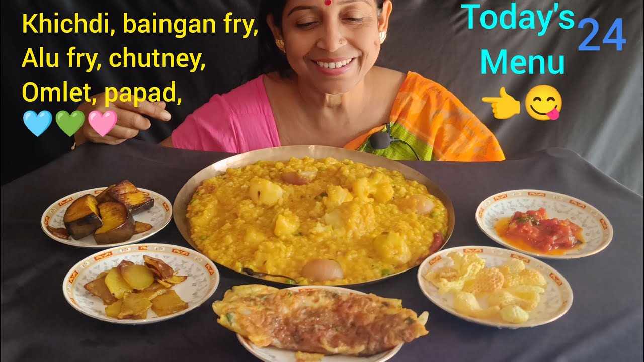 Eating khichdi, alu fry, baingan fry, omlet, papad, chutney🤗 | Asmr eating 