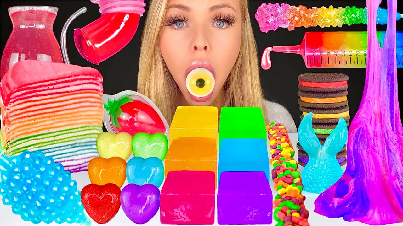 ASMR Rainbow Food Edible Slime, Jelly Pop It Keyboard, Honey Jelly, School Supplies Mukbang 먹방