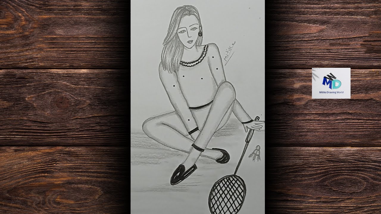 Drawing a Sitting Girl with Badmiton||Easy Girl drawing step by step for beginners