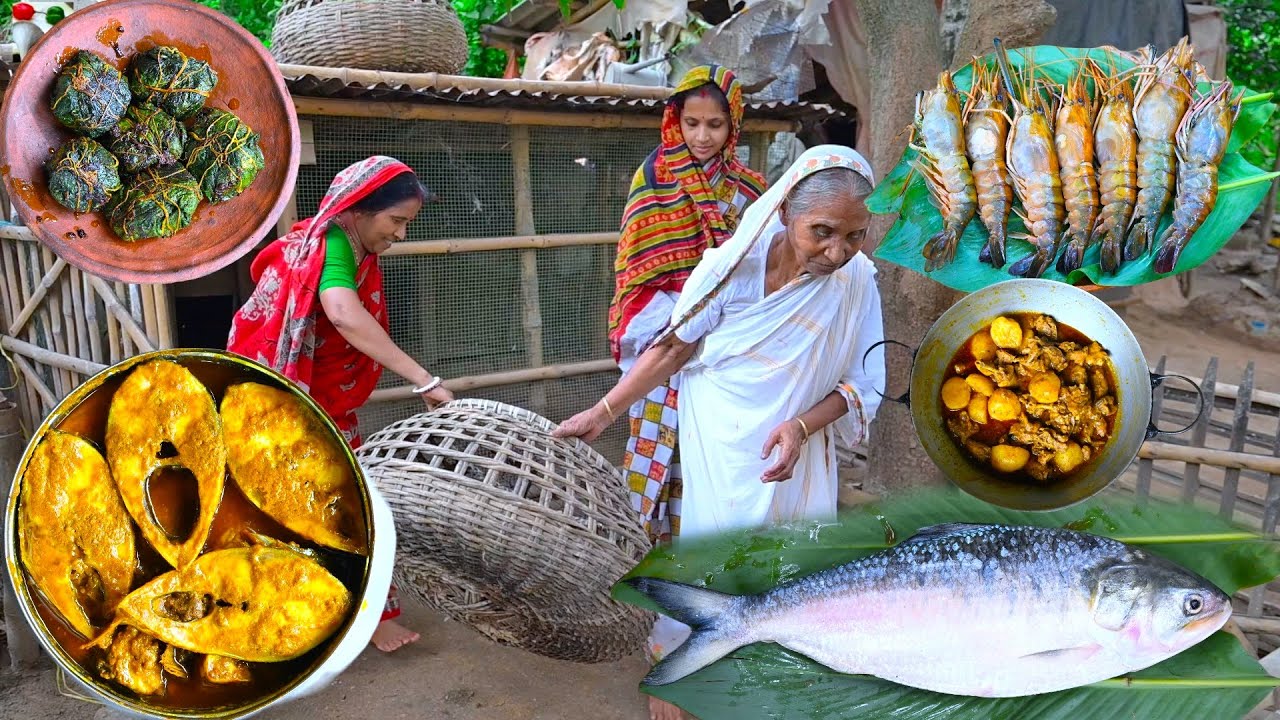 ইলিশ মাছ সেদ্ধ কুমড়ো পাতায় চিংড়ি ভাজা সঙ্গে দেশি মুরগি কষা | Hilsha Fish for our special guest