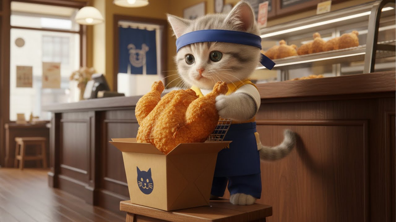 いらっしゃいませ!!フライドチキン屋さんで初バイト!!ねこの一日に密着🐱🍗