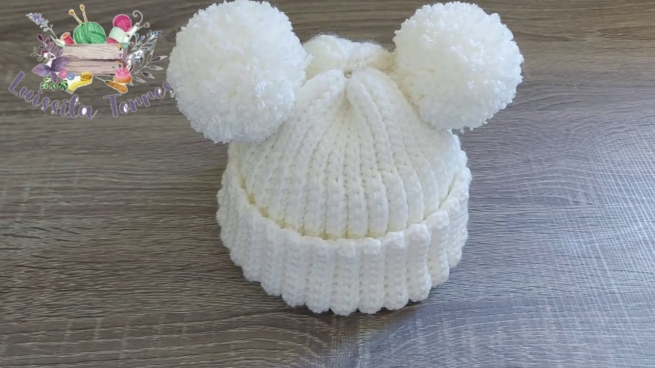 GORRO PARA BEBE A CROCHET CON POMPONES PASO A PASO - TEJIDO FACIL - 0 A 3 MESES