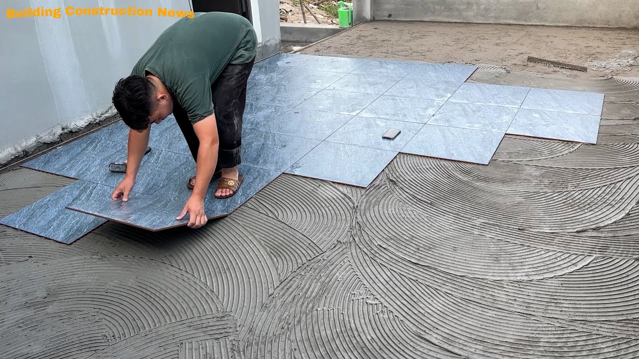 Professional Outdoor Kitchen Floor Construction Workers Use Small Size Anti-Slip Ceramic Tiles