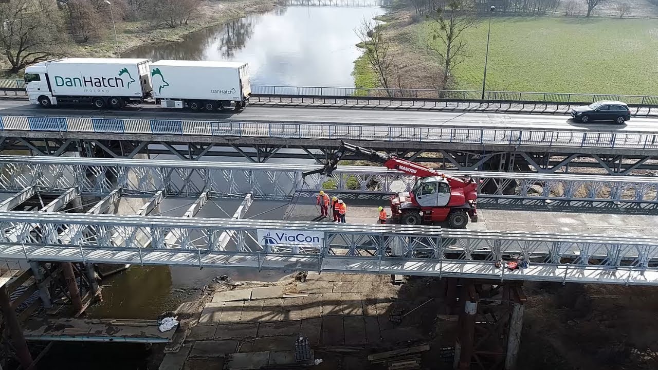 Temporary bridge installation - drone and time lapse video