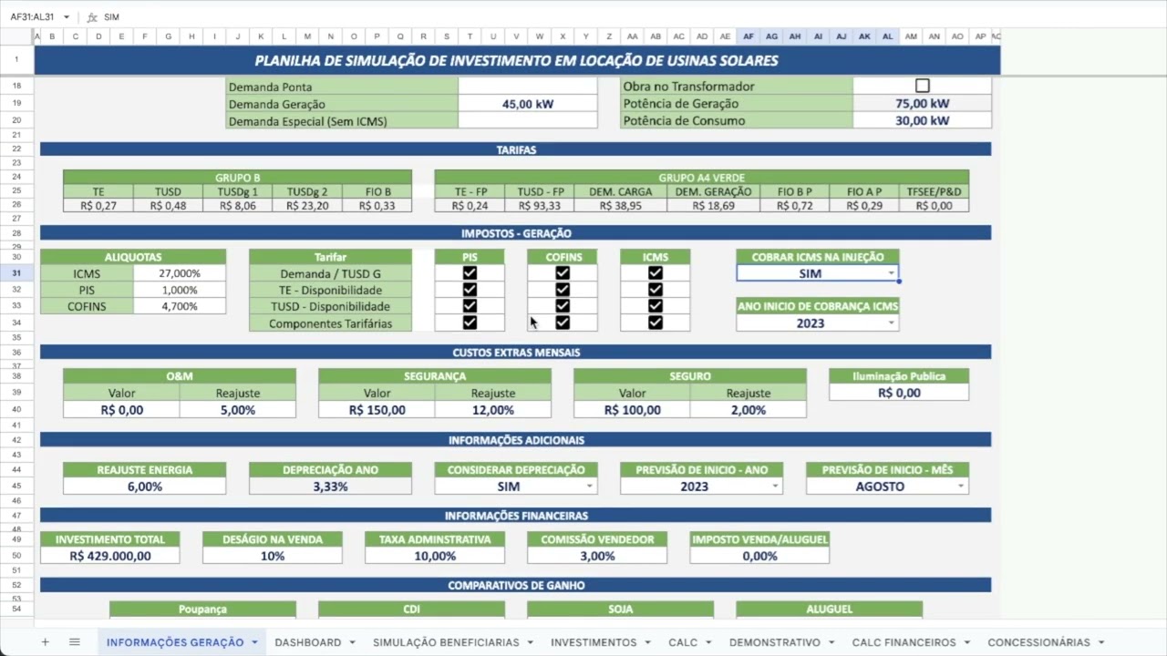 PLANILHA DE LOCAÇÃO E ASSINATURA DE ENERGIA COM A LEI 14.300