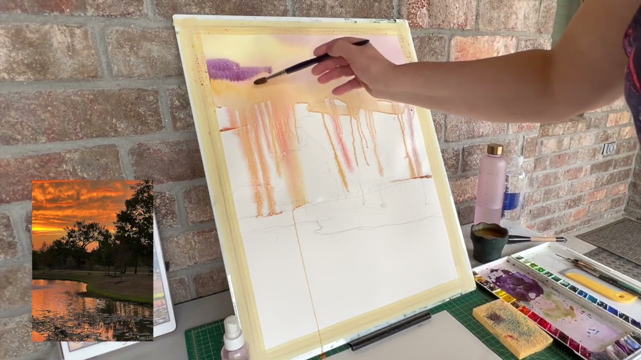 Закат над спокойным озером акварелью / Calm Lake Sunset in Watercolor