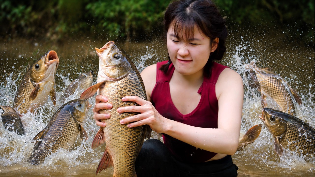 [TIMELAPSE] Fishing a Giant Carp by Hand in a Hidden Forest Creek | Wild Catch