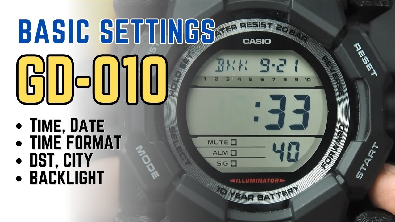 Краткое руководство по базовым настройкам G-Shock GD-010: как установить время и дату на Casio G-...