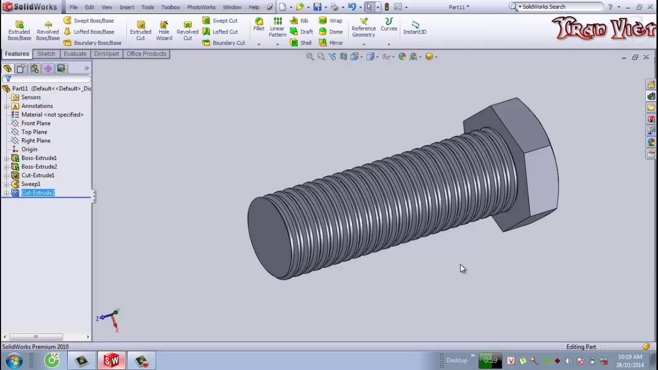 Hướng dẫn vẽ bulong & đai ốc trên Solidworks - Bài 10