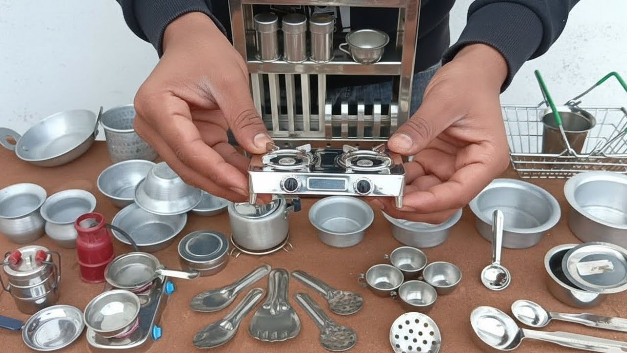 Miniature Steel Kitchen Set With Stand | Unboxing & Review | Full Collection 