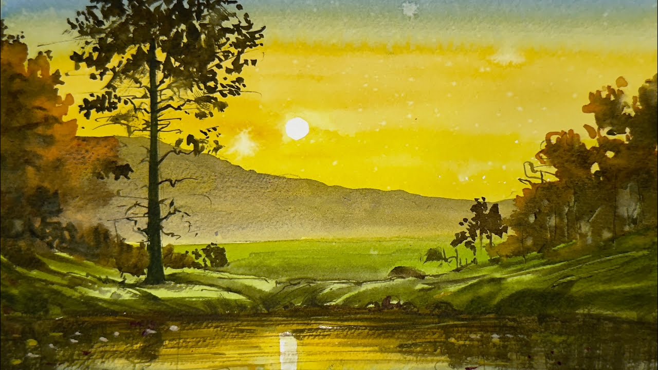 How to draw sunset with watercolour / Easy sunset drawing step by step tutorial 