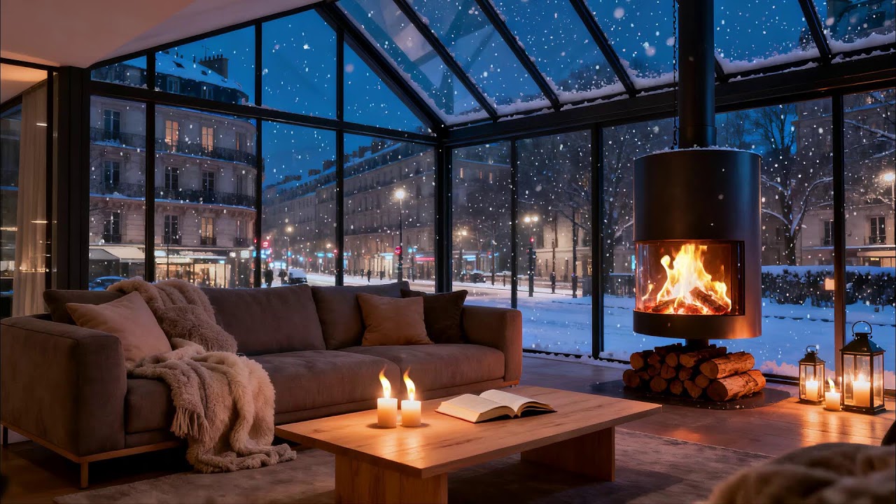 Cozy Winter Study Ambience  Fireplace Sounds and Snowfall for Calm Focus 🔥