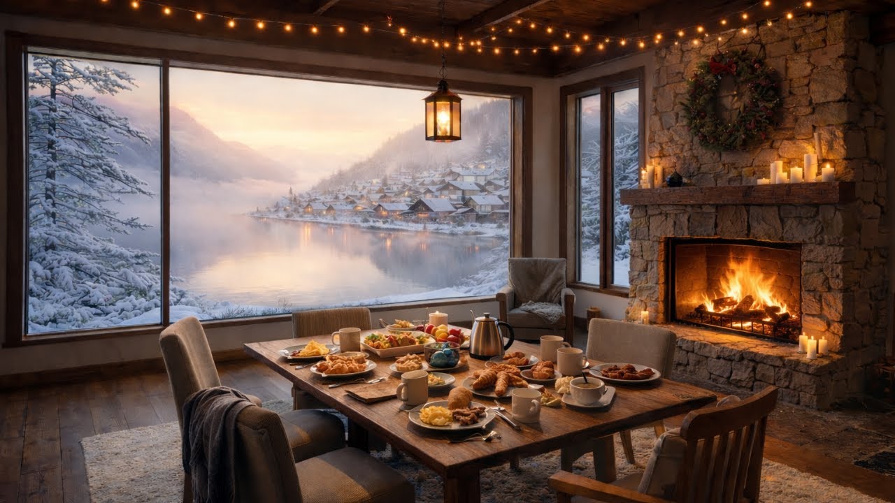 Cozy Winter Lodge Ambience ❄️ Peaceful Morning Fireplace & Lakeside Cabin Breakfast