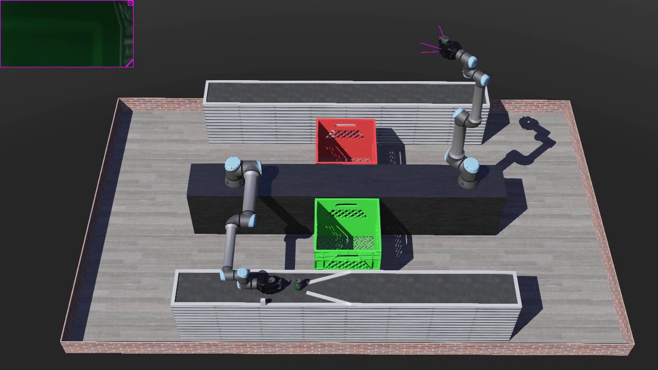 UR10e Robot Arms in Webots: Placing coloured cans in respective crates.